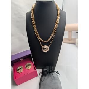 Piper.k Sugar Skull Pearl Glass Stone Necklace Earring Set GoldTone Day of Dead
